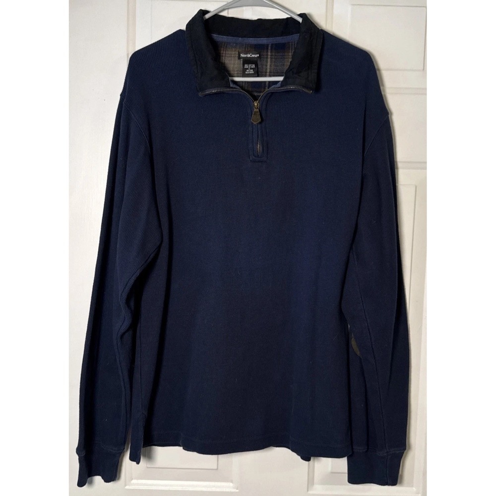 NorthCrest Men's 1/4 Zip Pullover Shirt Navy Cotton Elbow Patches Size L